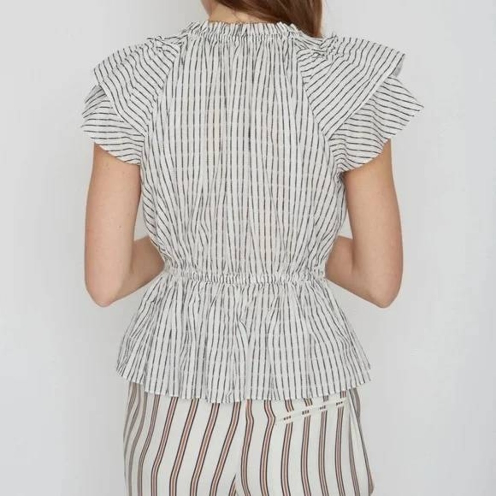 Caballero Harper Top Peplum Striped Ruffle Sleeve Tie Neck White Black Size S - Picture 2 of 9